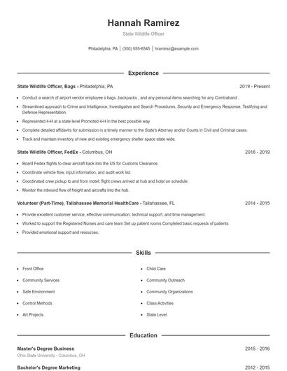 State Wildlife Officer Resume