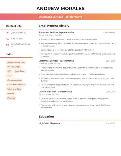 Statement Services Representative Resume