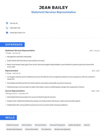 Statement Services Representative Resume