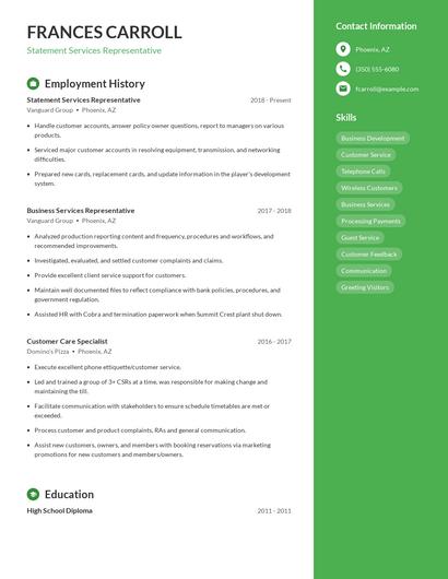 Statement Services Representative Resume
