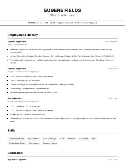 Station Attendant Resume