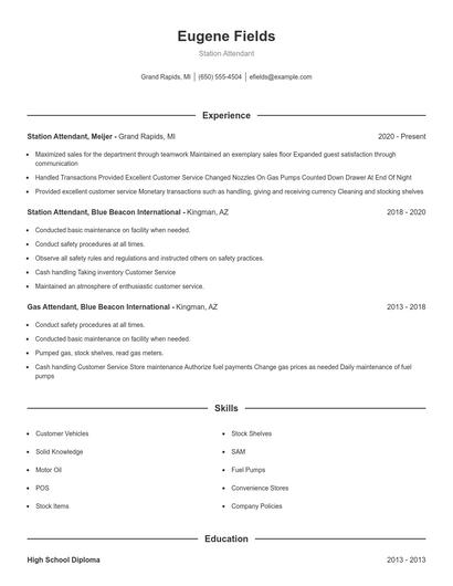 Station Attendant Resume