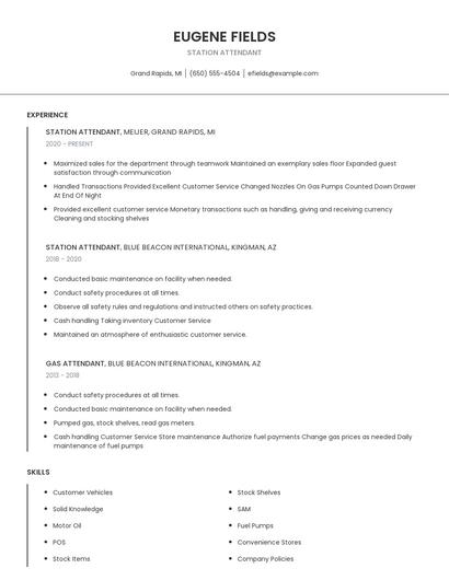 Station Attendant Resume