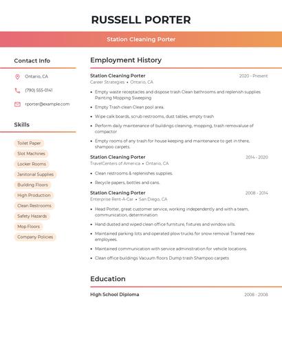 Station Cleaning Porter Resume
