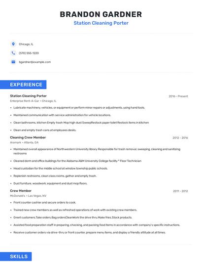 Station Cleaning Porter Resume