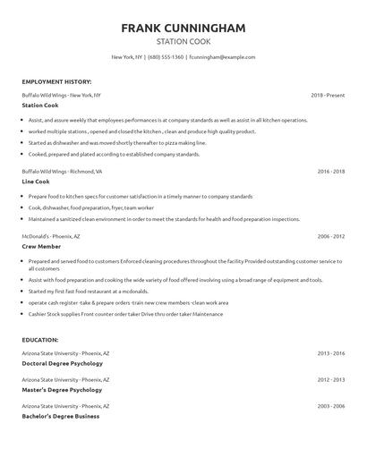 Station Cook Resume