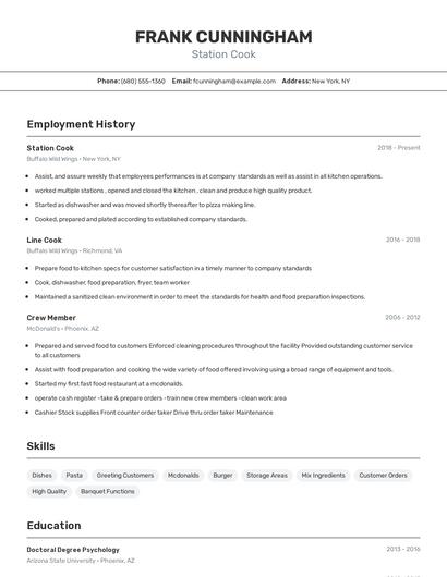 Station Cook Resume