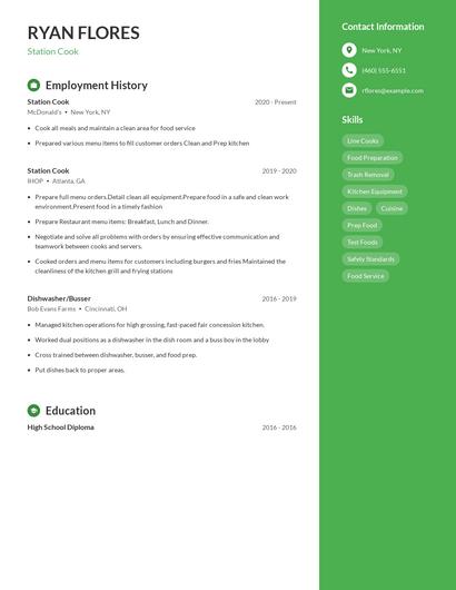 Station Cook Resume