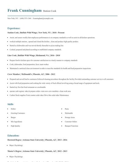 Station Cook Resume