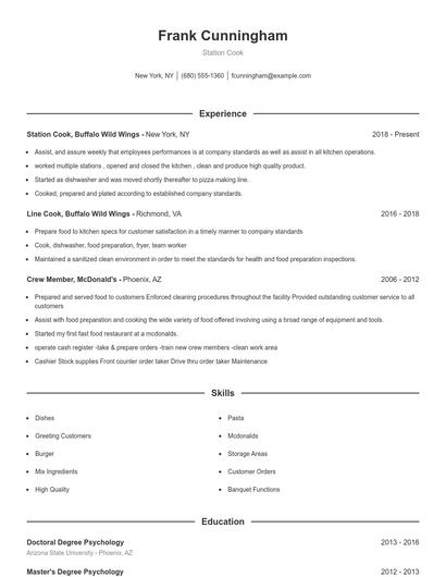 Station Cook Resume