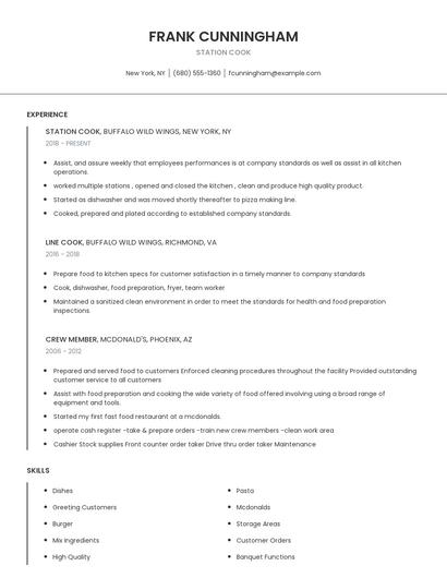 Station Cook Resume