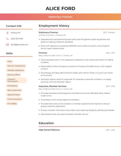 Stationary Fireman Resume