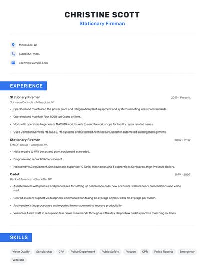Stationary Fireman Resume
