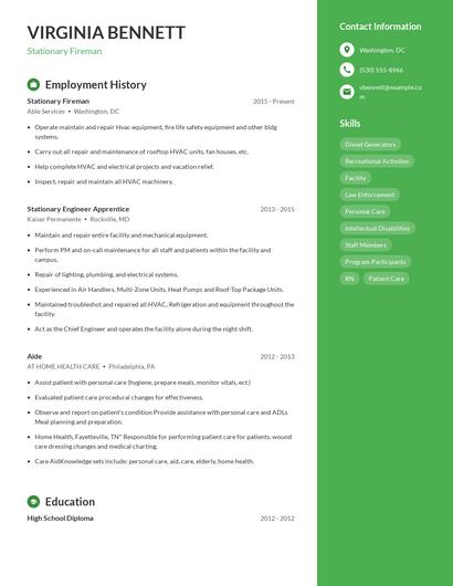 Stationary Fireman Resume