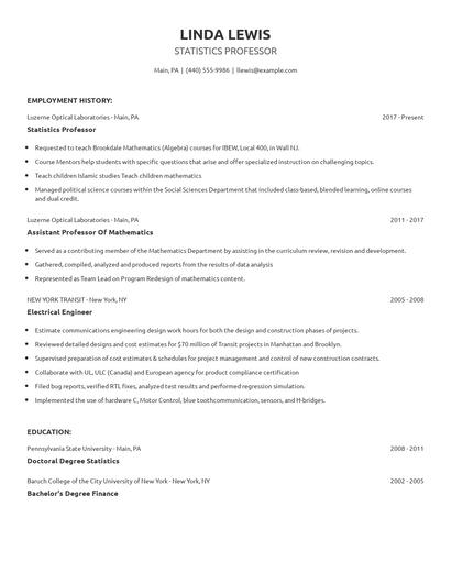 Statistics Professor Resume