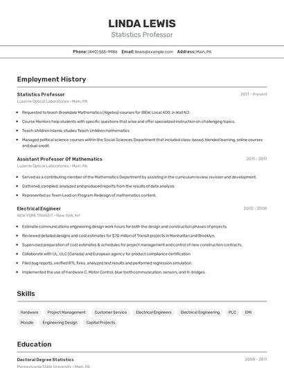 Statistics Professor Resume