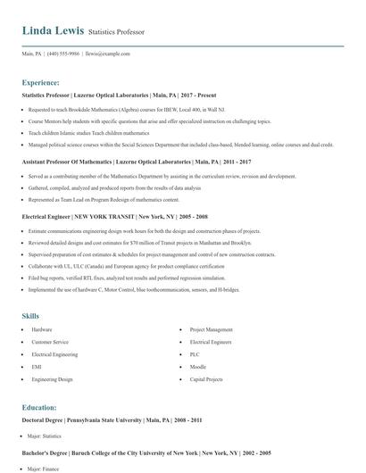 Statistics Professor Resume