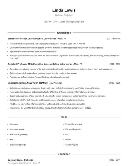 Statistics Professor Resume