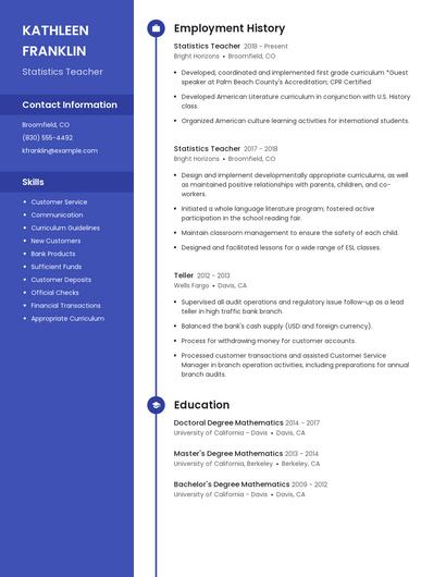 Statistics Teacher Resume