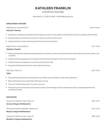 Statistics Teacher Resume
