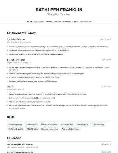 Statistics Teacher Resume