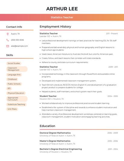 Statistics Teacher Resume