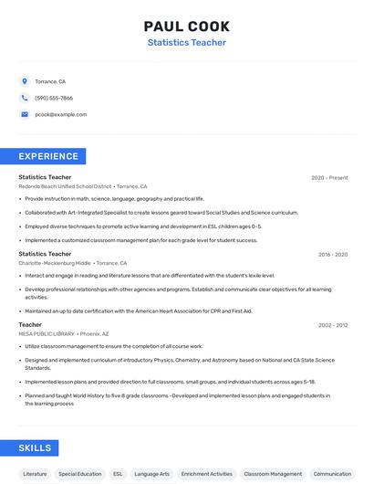 Statistics Teacher Resume