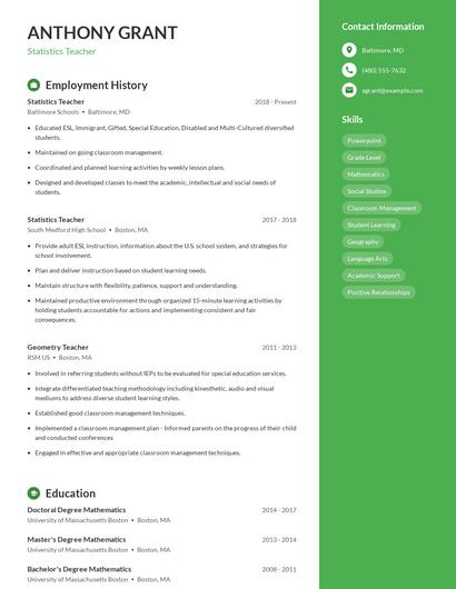 Statistics Teacher Resume