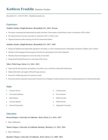 Statistics Teacher Resume