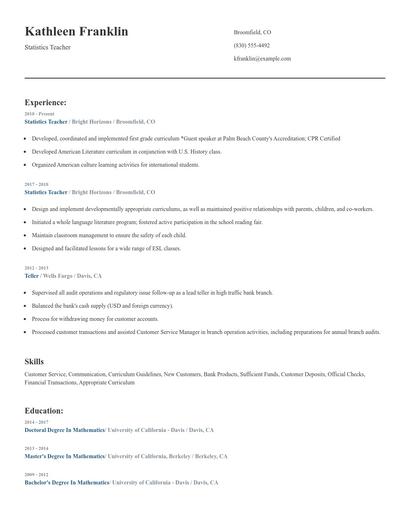 Statistics Teacher Resume