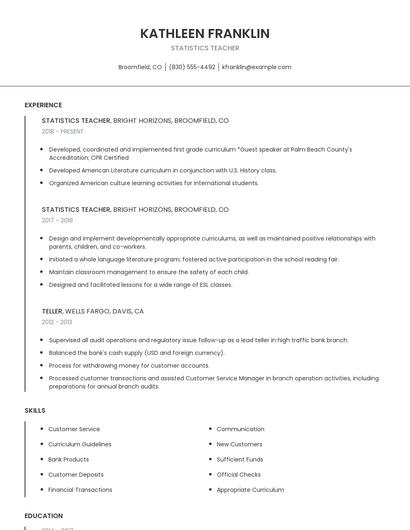 Statistics Teacher Resume