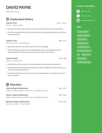 Statistics Tutor Resume