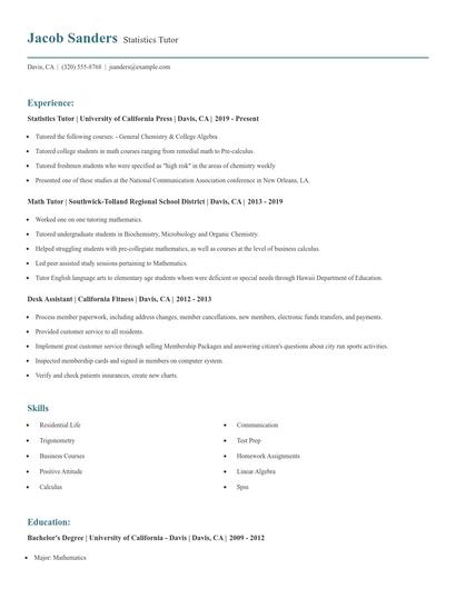 Statistics Tutor Resume