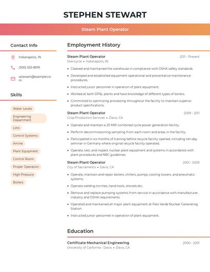 Steam Plant Operator Resume
