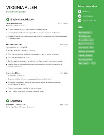 Steam Plant Operator Resume