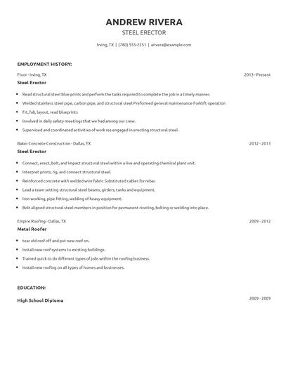 Steel Erector Resume