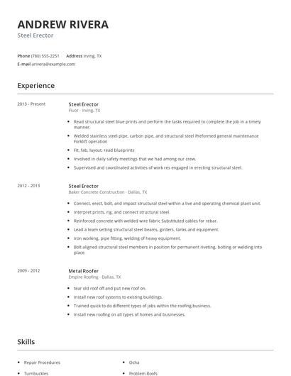 Steel Erector Resume