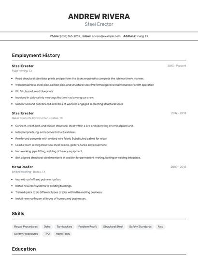 Steel Erector Resume