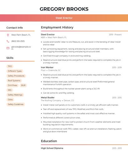 Steel Erector Resume