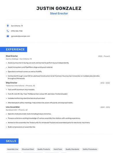 Steel Erector Resume
