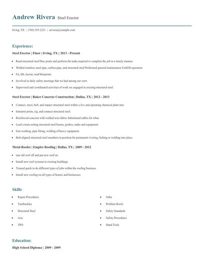 Steel Erector Resume