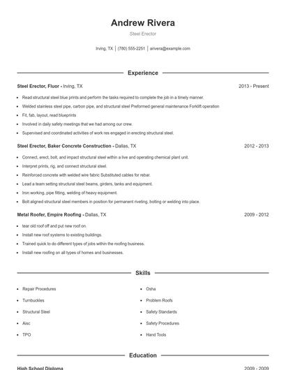 Steel Erector Resume