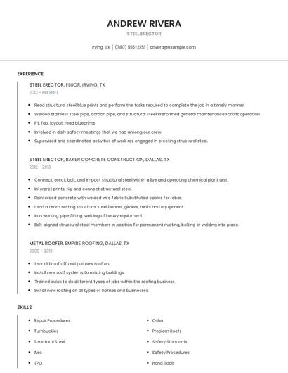 Steel Erector Resume