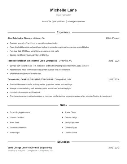 Steel Fabricator Resume