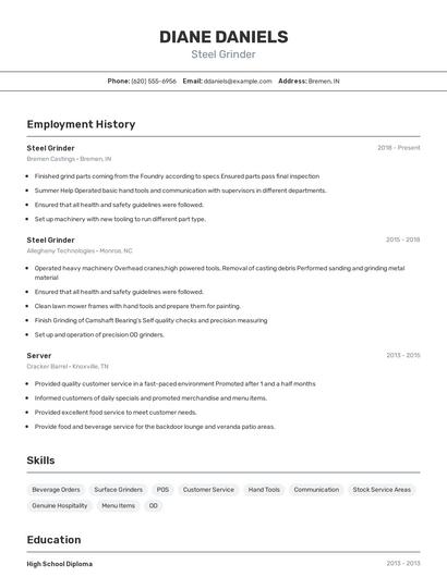 Steel Grinder Resume