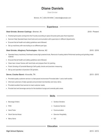 Steel Grinder Resume