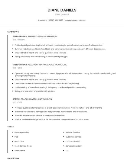 Steel Grinder Resume