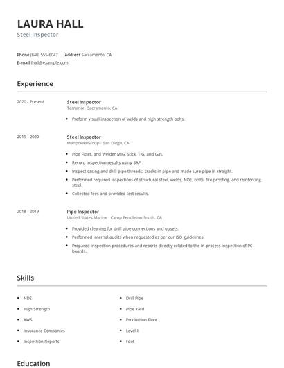 Steel Inspector Resume