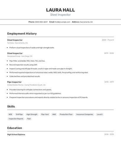 Steel Inspector Resume