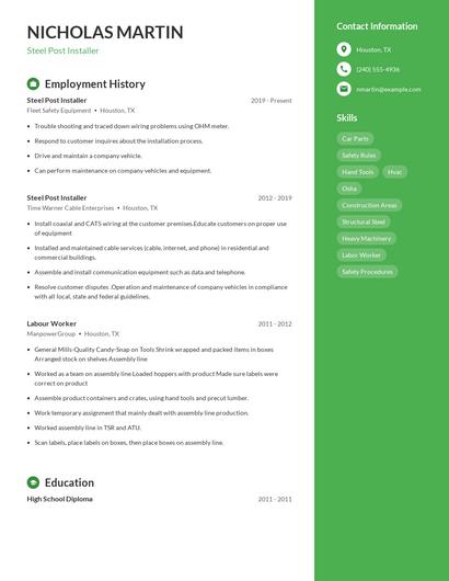 Steel Post Installer Resume